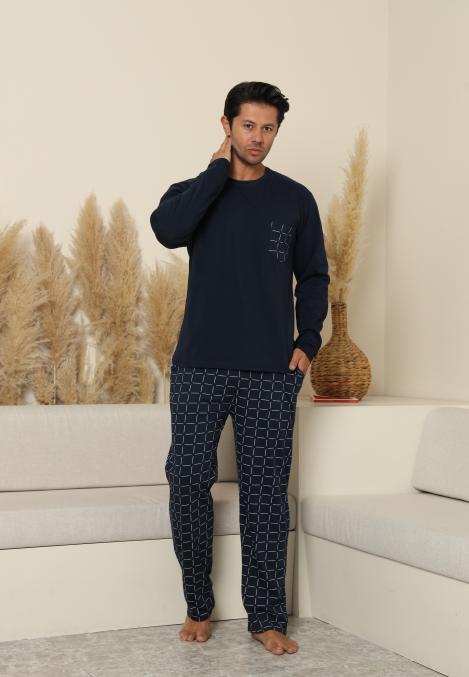 Pijama Barbati ,Maneca si Pantaloni Lungi, Culoare Bleumarin cu Alb,Engros